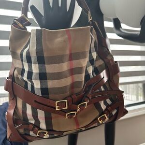 Burberry Brown/Beige House Check Fabric and Leather Medium Bridle Gosford Hobo
